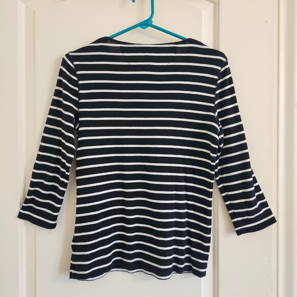 Ralph Lauren Women’s M Black White Striped Shirt 3/4 Sleeve sailing Preppy Chic - Picture 2 of 8